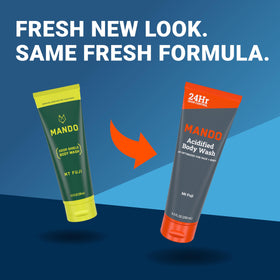 Mando Acidified Body Wash Bourbon Leather label detailing fragrance notes.