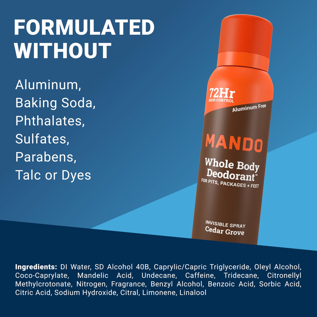 Mando aluminum-free icon signals safe, metal-free formula.
