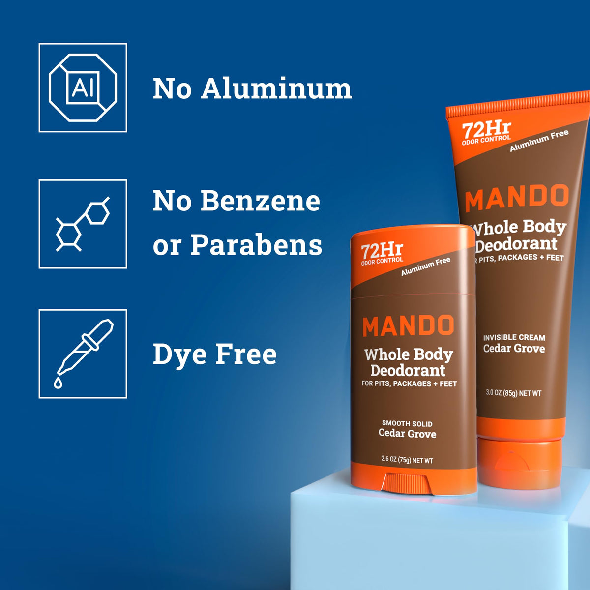 Mando Cedar Grove packaging highlighting aluminum-free, skin-safe formula.