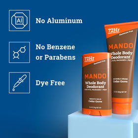 Mando Cedar Grove packaging highlighting aluminum-free, skin-safe formula.