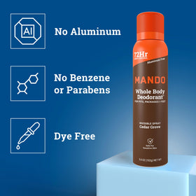 Mando cedar-grove scent label evokes fresh outdoors notes.