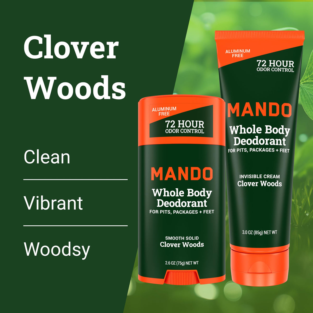 Mando packaging highlights aluminum-free and baking soda-free formula.