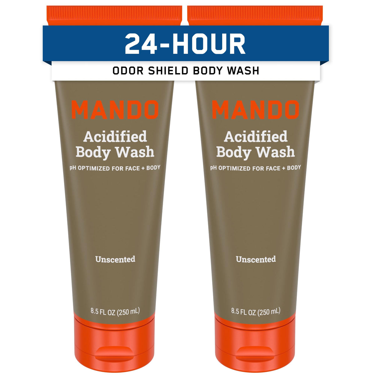 Mando Odor Shield Body Wash bottle-front unscented formula for long-lasting odor control.