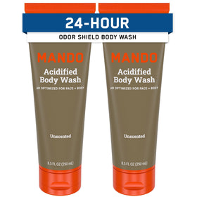 Mando Odor Shield Body Wash bottle-front unscented formula for long-lasting odor control.