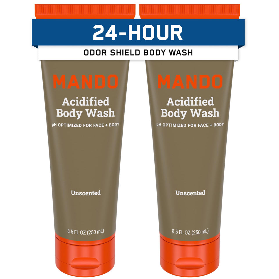 Mando Odor Shield Body Wash bottle-front unscented formula for long-lasting odor control.