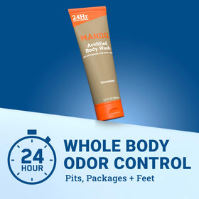 Mando Odor Shield Body Wash pour-action showing easy rinse and rich lather.