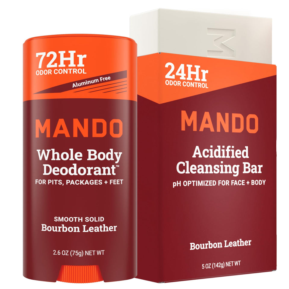 Mando Whole Body Deodorant Stick in Bourbon Leather for all-day odor control.