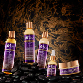 Product label highlights natural oils and omega fatty acids for nourishing hair.