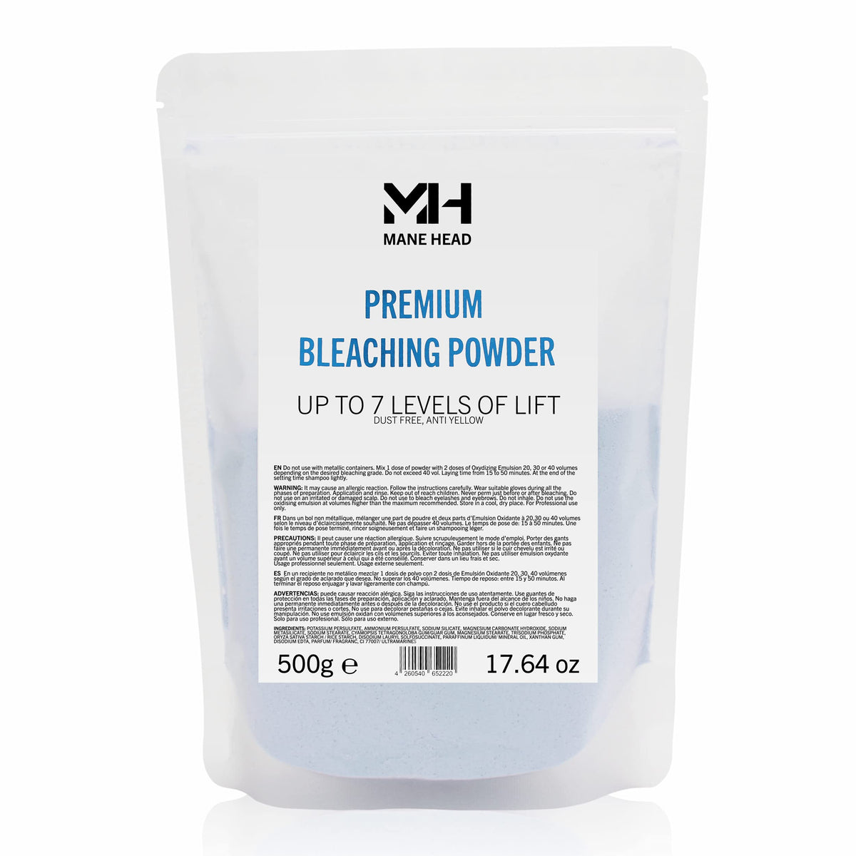 MANE HEAD Blue Premium bleach powder packaging shows professional quality and dust-free formula.