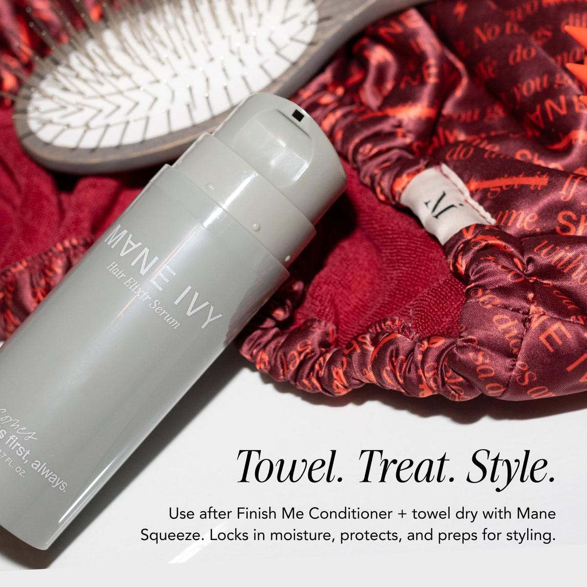 MANE IVY bottle highlights hibiscus-inspired scent and lightweight hydration.