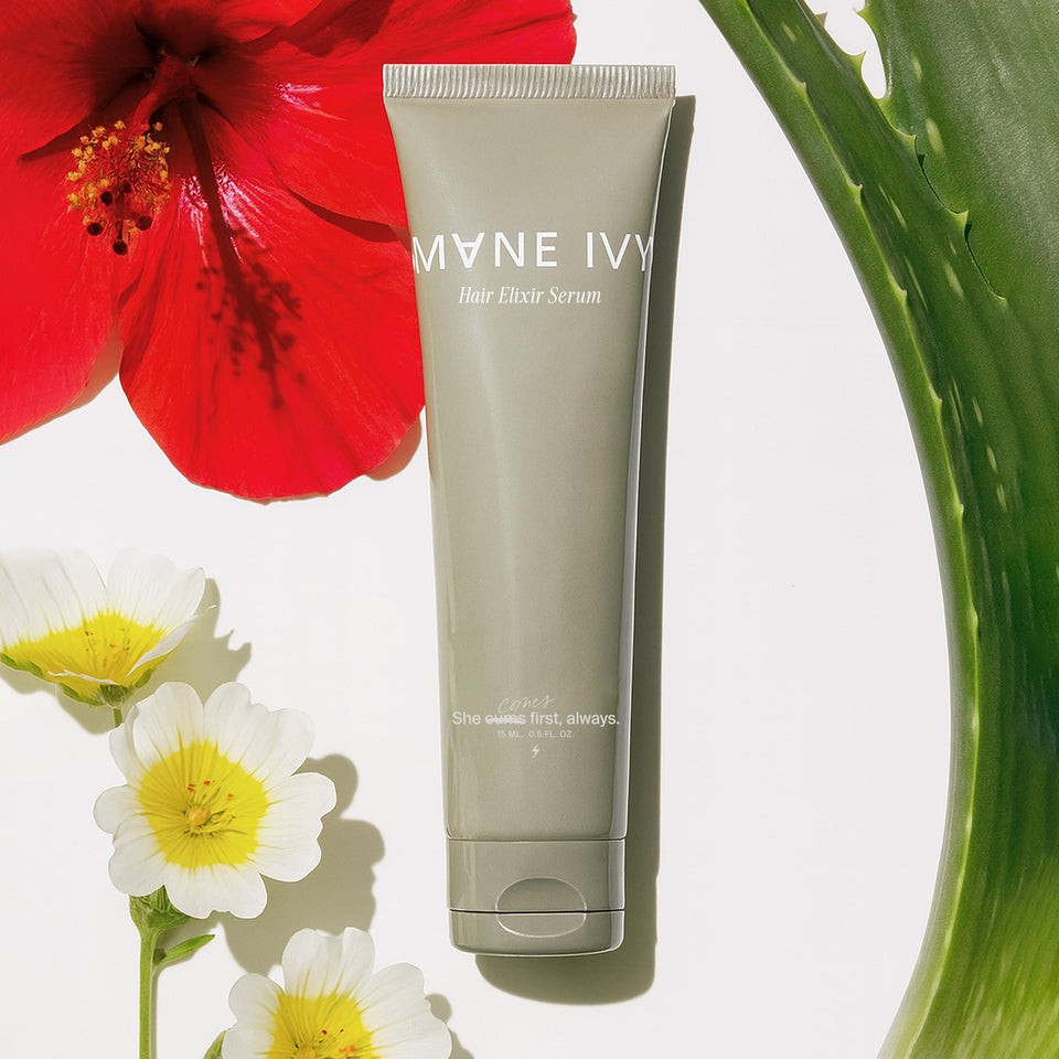 MANE IVY Total Package serum bottle with pump for precise application and frizz control.