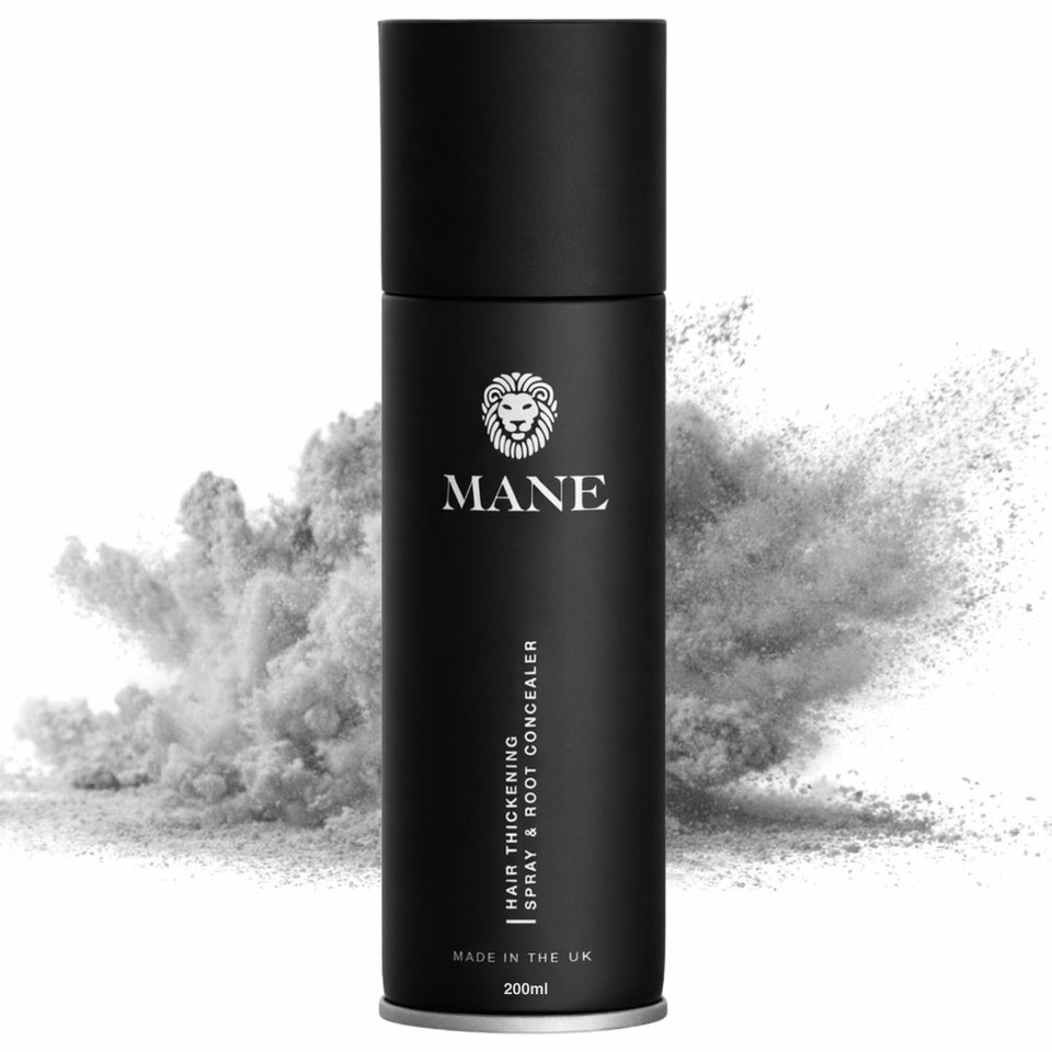 MANE micro-mineral spray bottle for instant thickness on thinning hair.