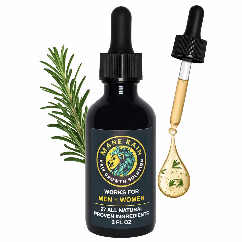Mane Rain Hair Growth bottle showing Z-LAB27 formula for daily use.