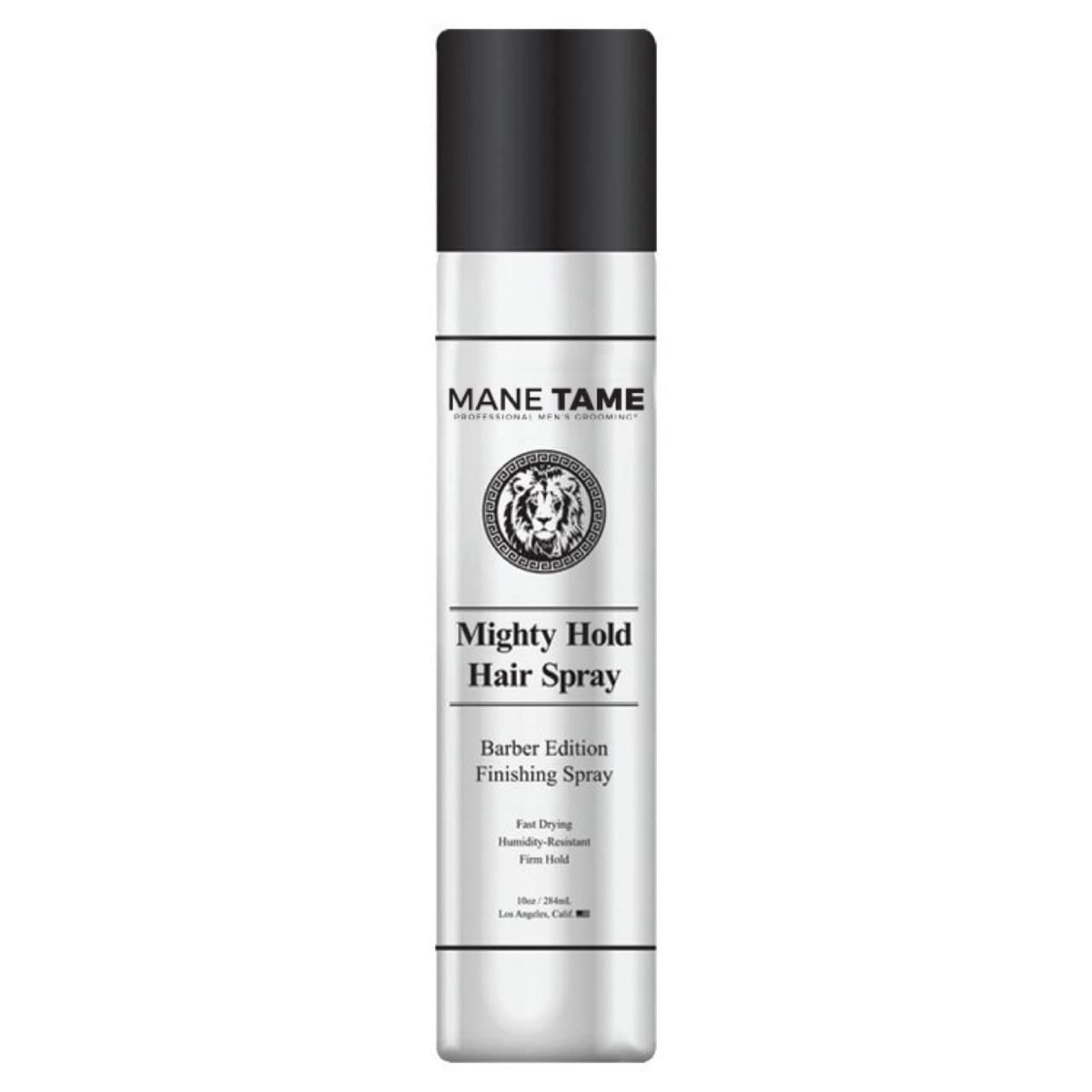 MANE TAME Mighty Hold hair spray bottle in barber edition for a professional finish.