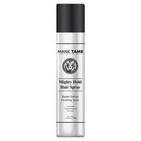 MANE TAME Mighty Hold hair spray bottle in barber edition for a professional finish.