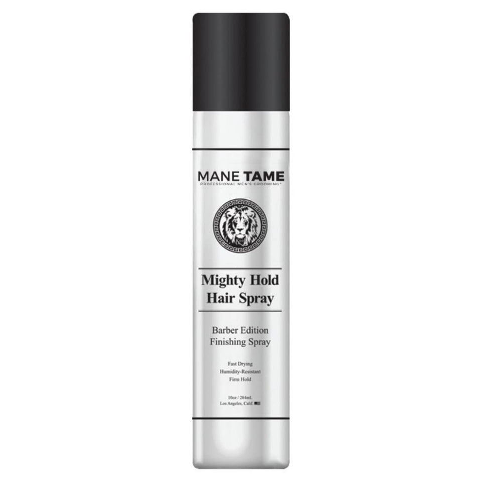 MANE TAME Mighty Hold hair spray bottle in barber edition for a professional finish.