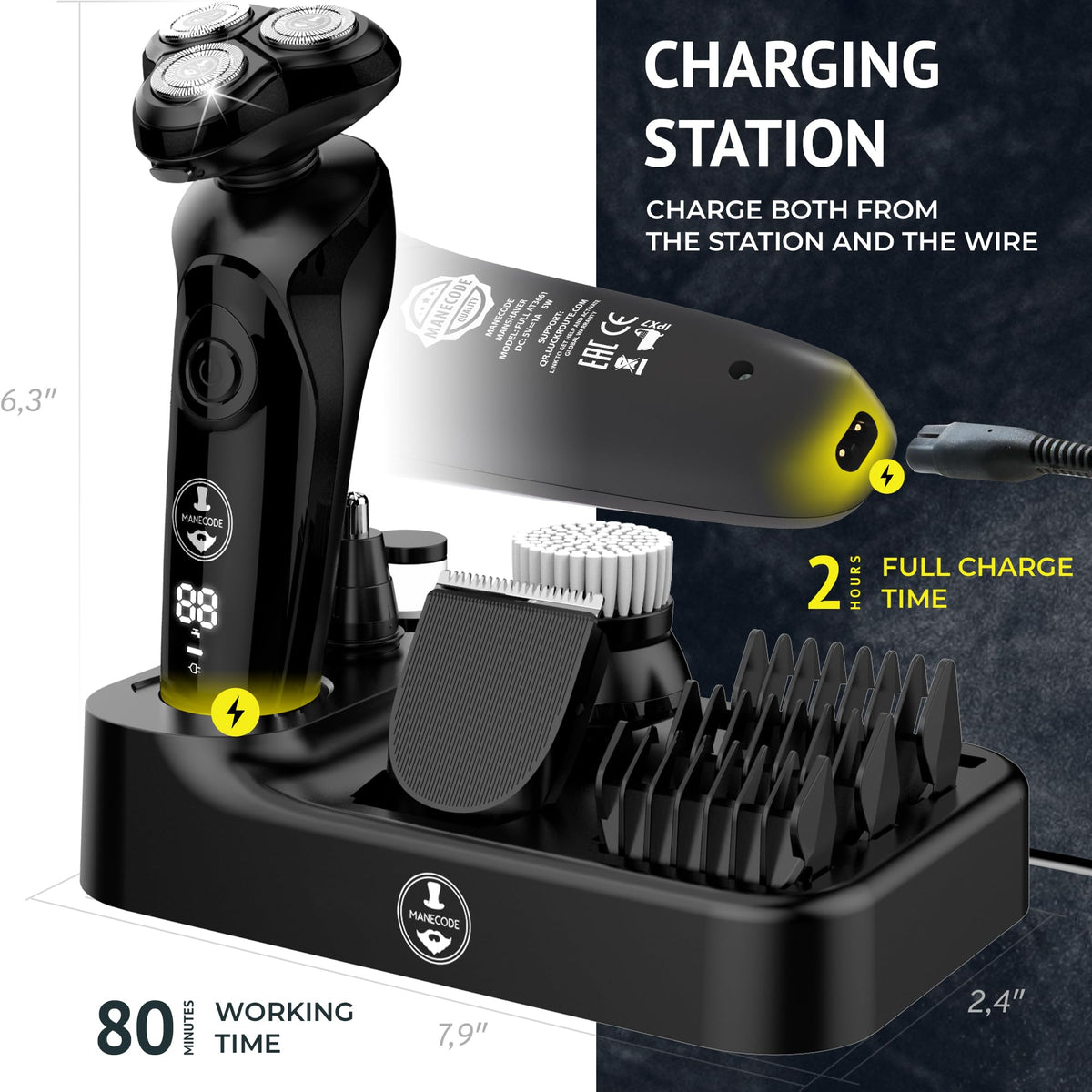 MANECODE razor showing IQ cleaning sensor for maintenance prompts.