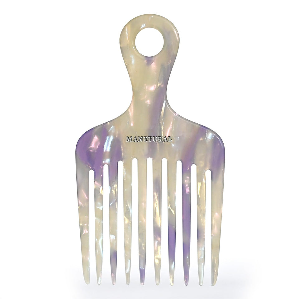 Manetural 14MX hair pick in white and purple for gentle detangling of curls.