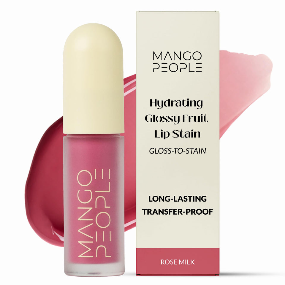 Mango People Glossy Lip Stain Rose Milk on lips adds instant shine