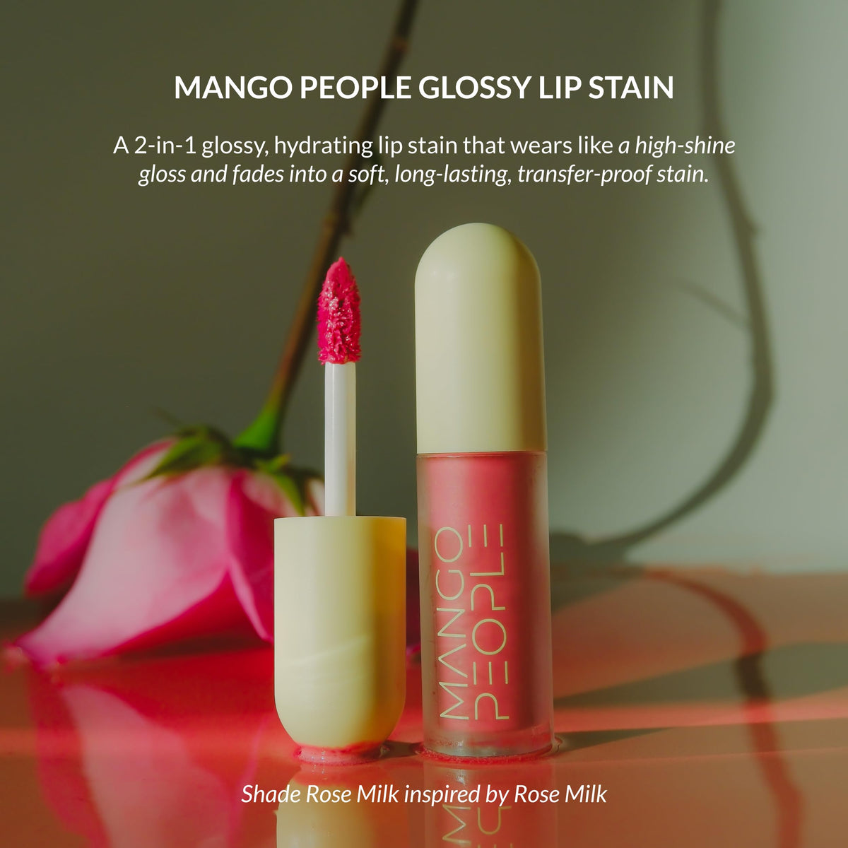 Mango People Lip Stain transformation shows glossy to tint effect