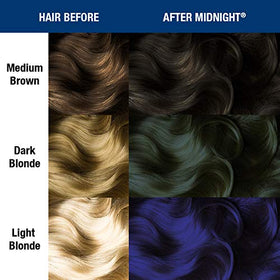 Applying MANIC PANIC After Midnight on pre-lightened hair yields rich blue.