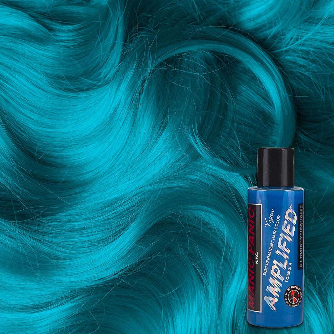 MANIC PANIC Atomic Turquoise bottle back with vegan formula and benefits.