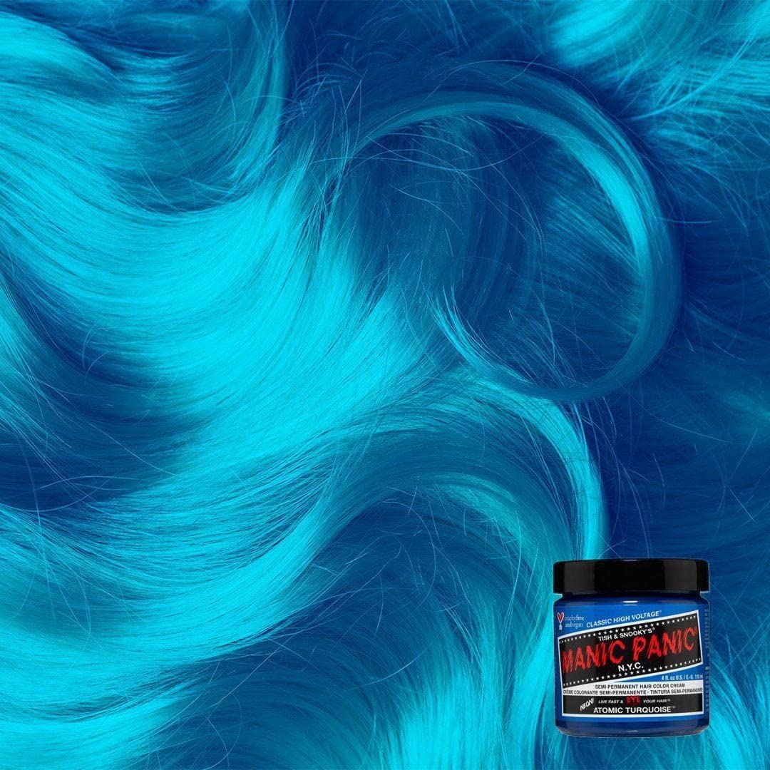 MANIC PANIC Atomic Turquoise hair swatch on blonde showing vivid turquoise shade.