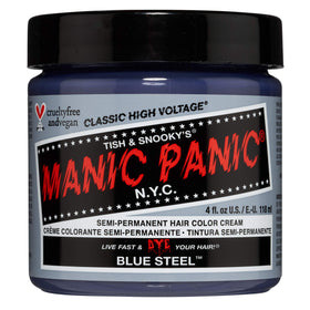 MANIC PANIC Classic Blue Steel bottle showing vibrant semi-permanent color for DIY transformations