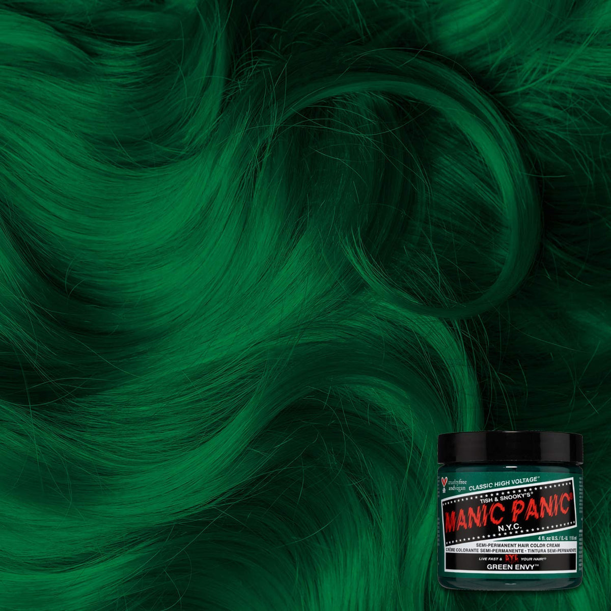 MANIC PANIC Classic Green Envy on hair strands ready for vivid, long-lasting color