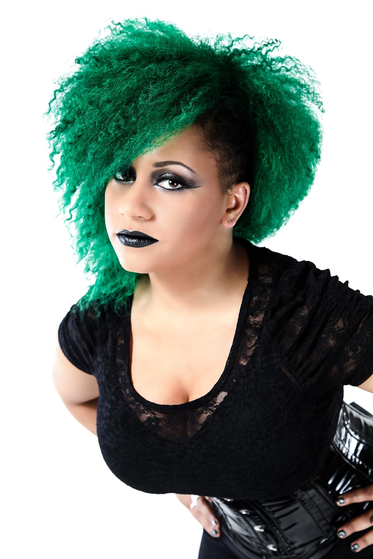 Pre-lightened hair uses Green Envy for best emerald tone and even coverage