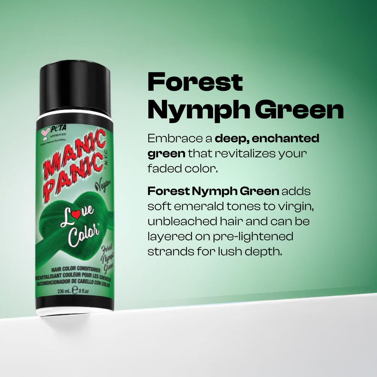 MANIC PANIC Deep Forest Green conditioner bottle being poured for easy at-home use.