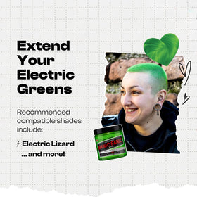 Close-up of MANIC PANIC Green Venus color-depositing cream on hair.