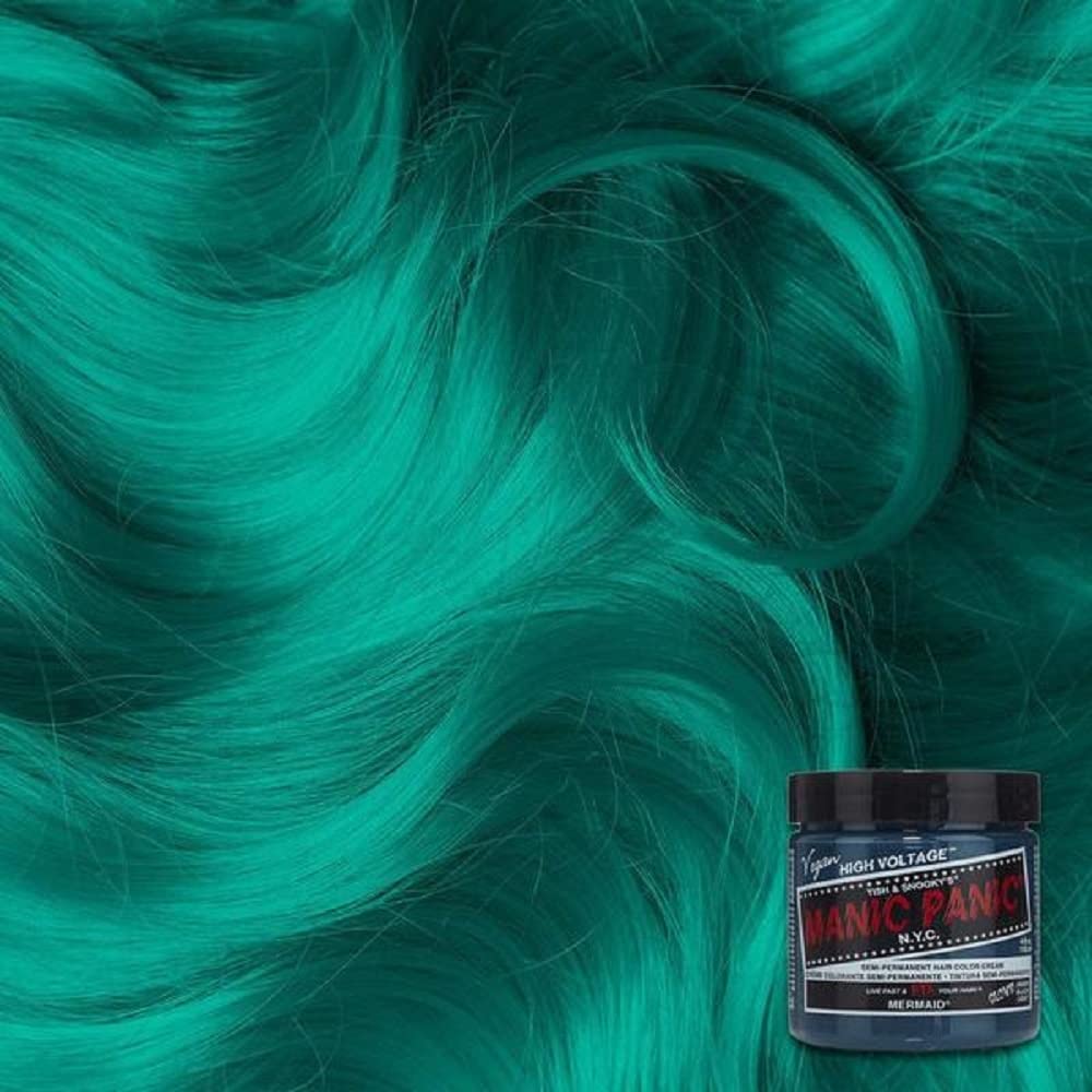 MANIC PANIC Mermaid Neon Ocean Blue on hair demonstrates bold pigment and shine