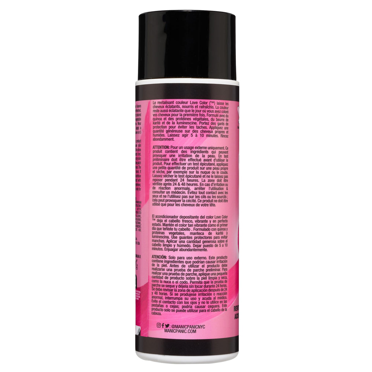 MANIC PANIC Pink Passion bottle back confirms vegan and cruelty-free formulation.
