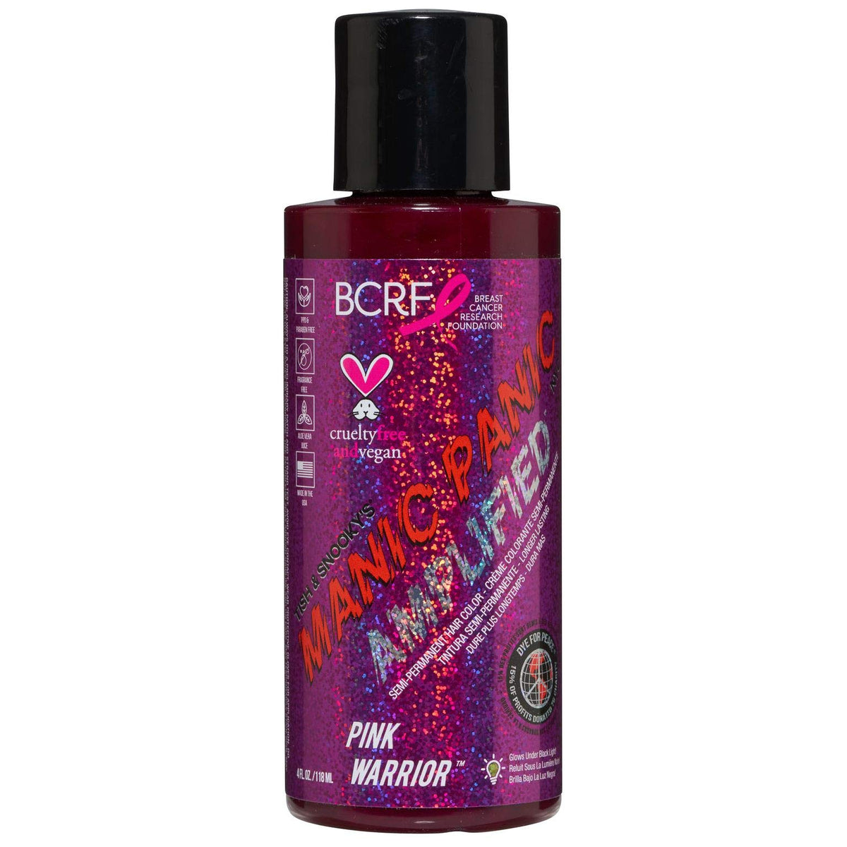 Manic Panic Pink Warrior bottle shows vibrant amplified color for bold, long-lasting results.