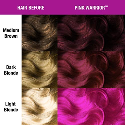 Manic Panic Pink Warrior application on light hair yields vivid neon results.