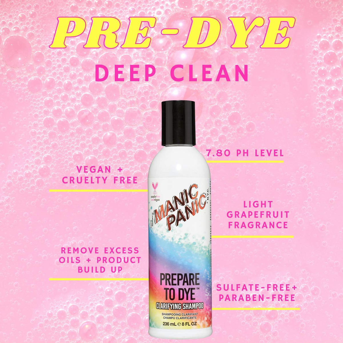 MANIC PANIC Prepare to Dye action showing clarifying cleanse for color prep