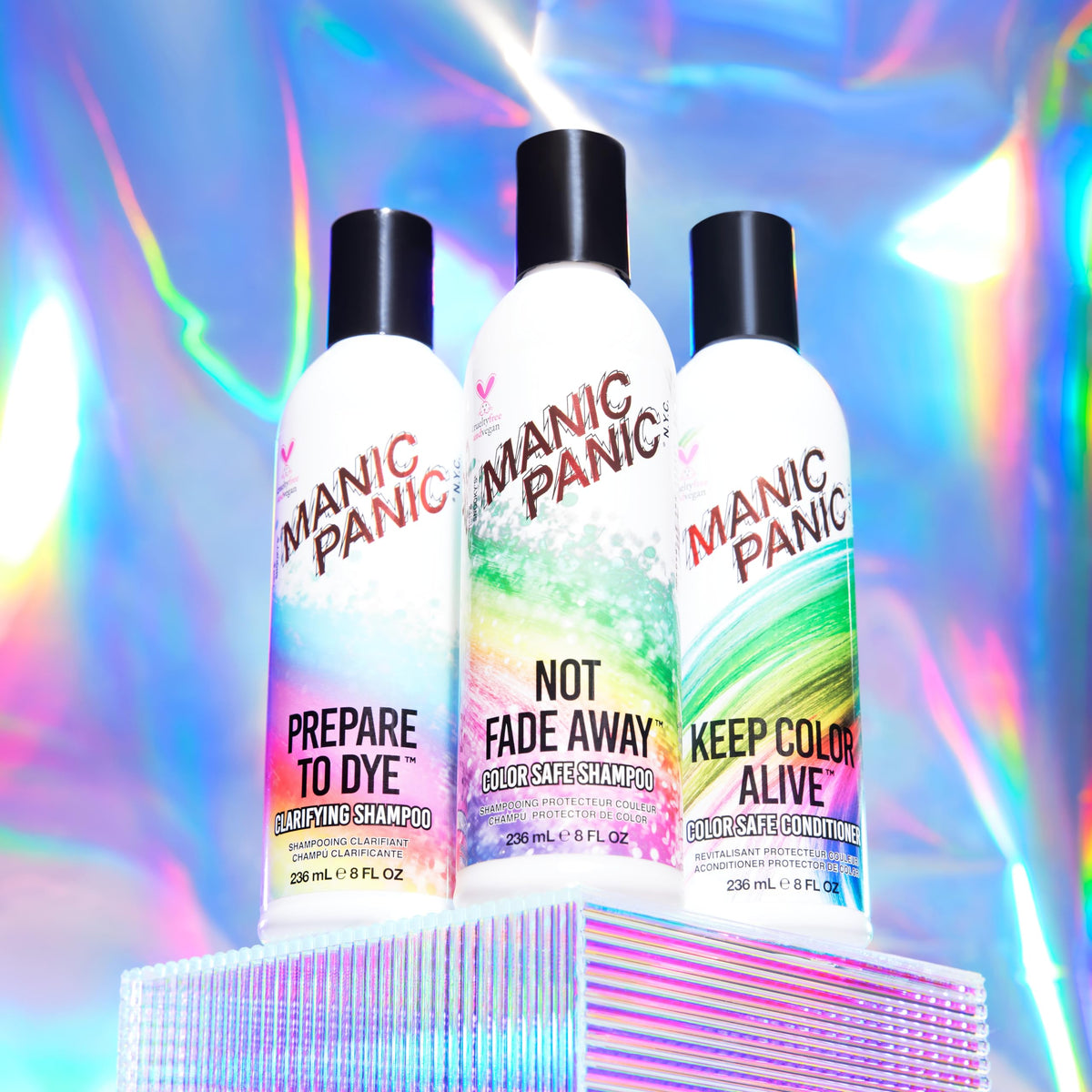 MANIC PANIC Prepare to Dye UV protection badge signifying color longevity