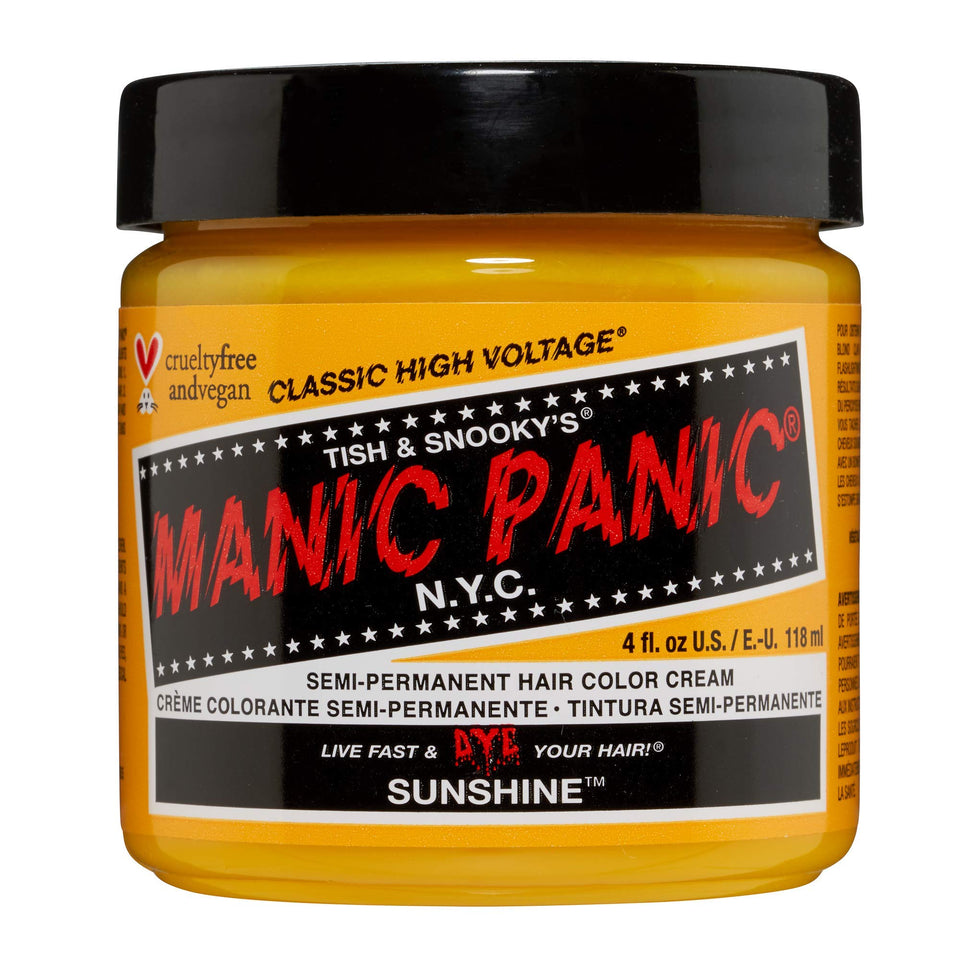 MANIC PANIC Sunshine bottle front shows vibrant sunflower yellow color for bold, semi-permanent style.