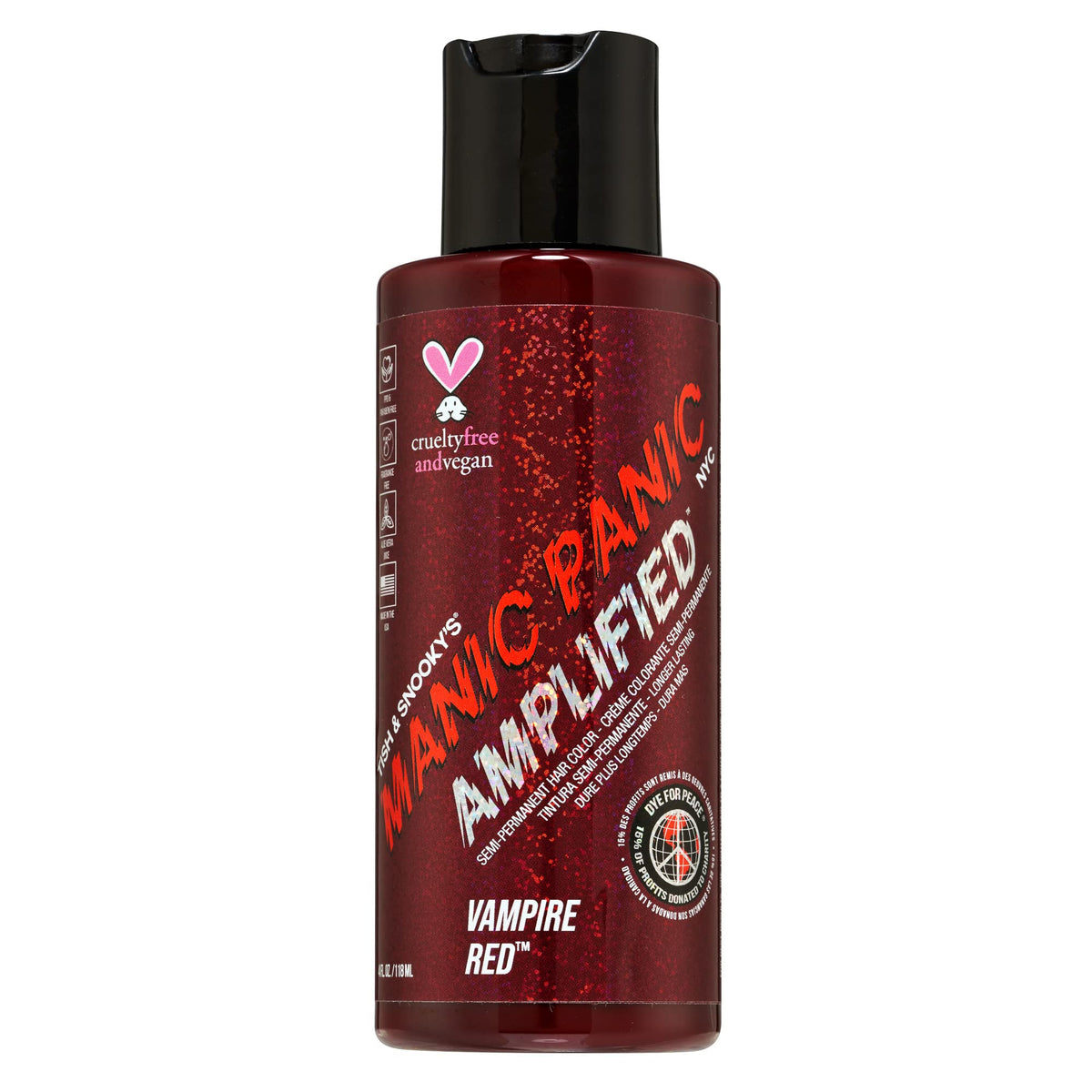 MANIC PANIC Vampire Red Amplified bottle shows bold color for vibrant hair.