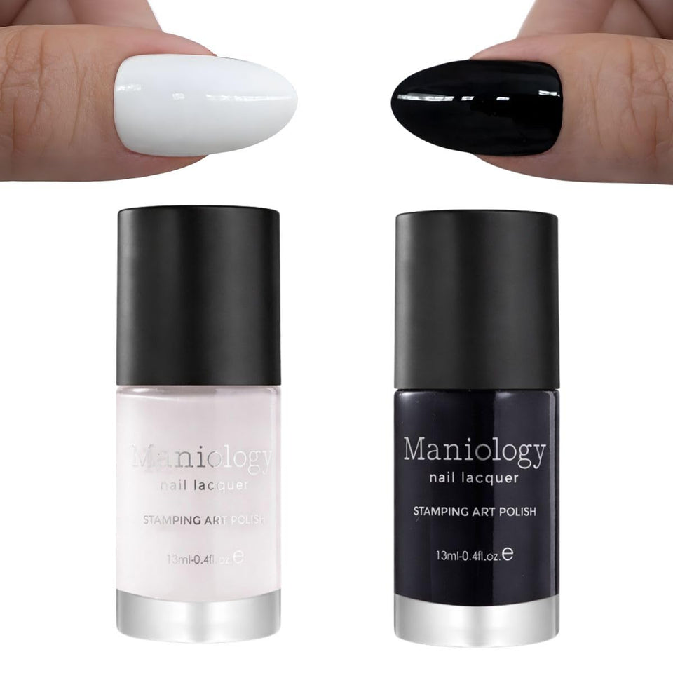 Maniology black and white duo stamping polish bottles for bold contrast designs
