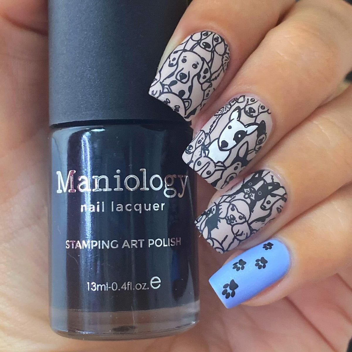 Maniology contrasting stamping idea on light base for striking nails