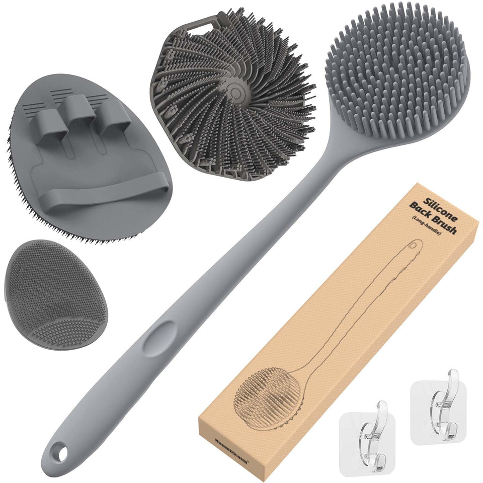 Manmihealth silicone back scrubber demonstrates firm, deep-cleansing action for rough skin.