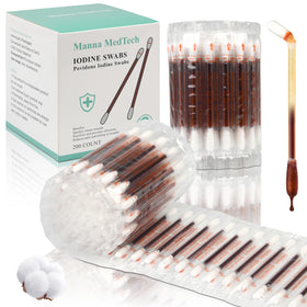 Manna MedTech iodine swabs with premium organic cotton tips for gentle, effective cleaning.