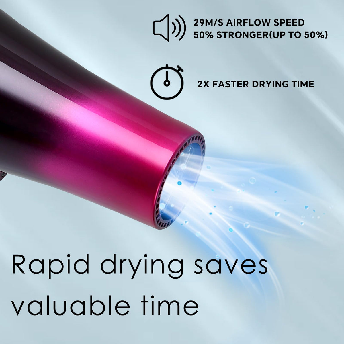 Concentrator and diffuser attachments for precise airflow and styling options.