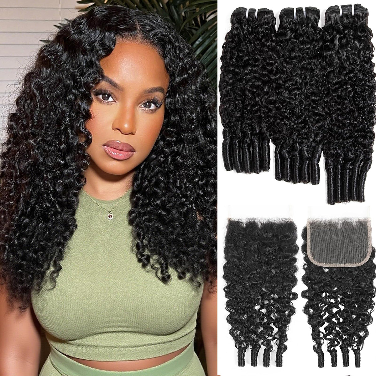 Manorshen Burmese curly bundles with closure closeup showing natural lace blend for seamless wear
