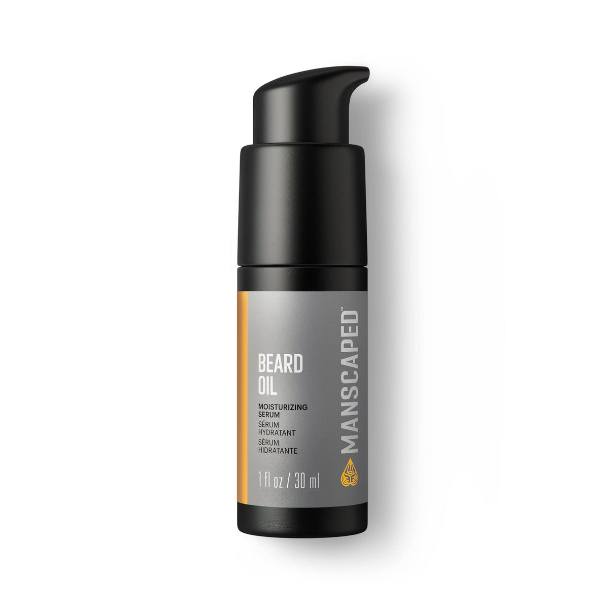 MANSCAPED Beard Oil bottle front, hydrating and shine-boosting formula.