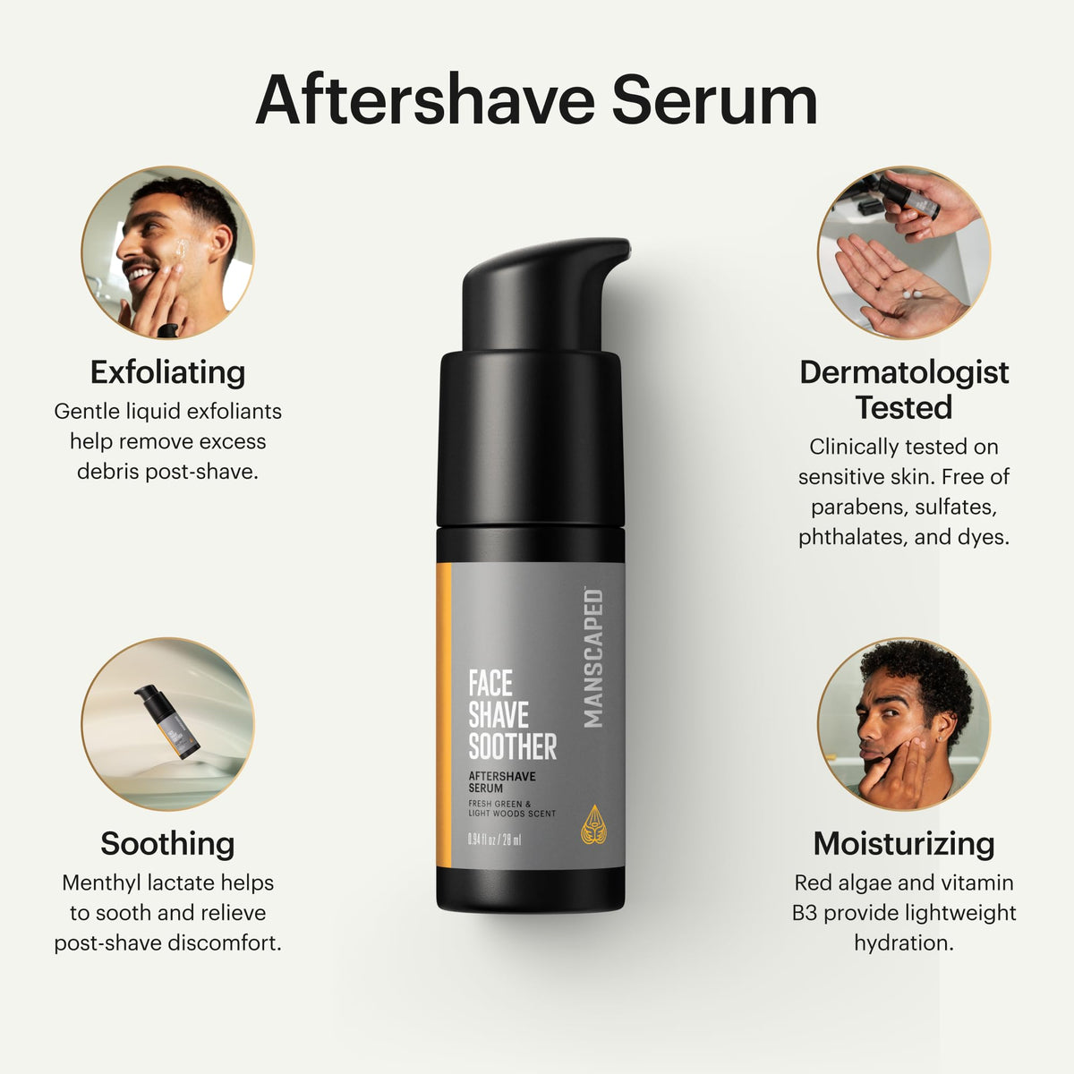MANSCAPED Face Shave Soother bottle side highlights lightweight, quick-absorbing formula.