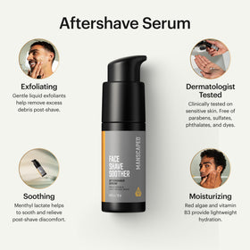 MANSCAPED Face Shave Soother bottle side highlights lightweight, quick-absorbing formula.