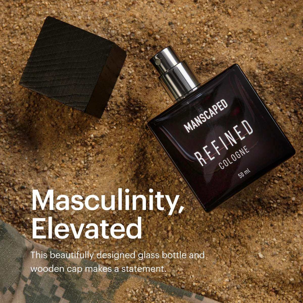 MANSCAPED Refined Cologne bottle shown on a dresser for a luxury display.